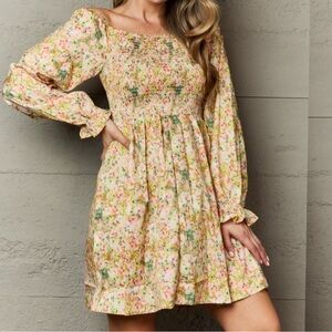 Retro Floral Smocked Bodice Long Sleeve Colorful Babydoll Mini Dress Cottagecore